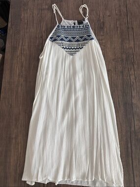 White Maxi Dress with Navy Embroidered Halter Yoke